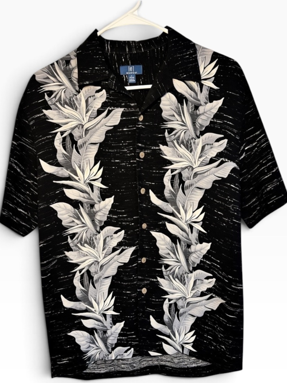 George Black Short-Sleeve Button-Down with White Tropical Leaf Stripes - Picture 1 of 5
